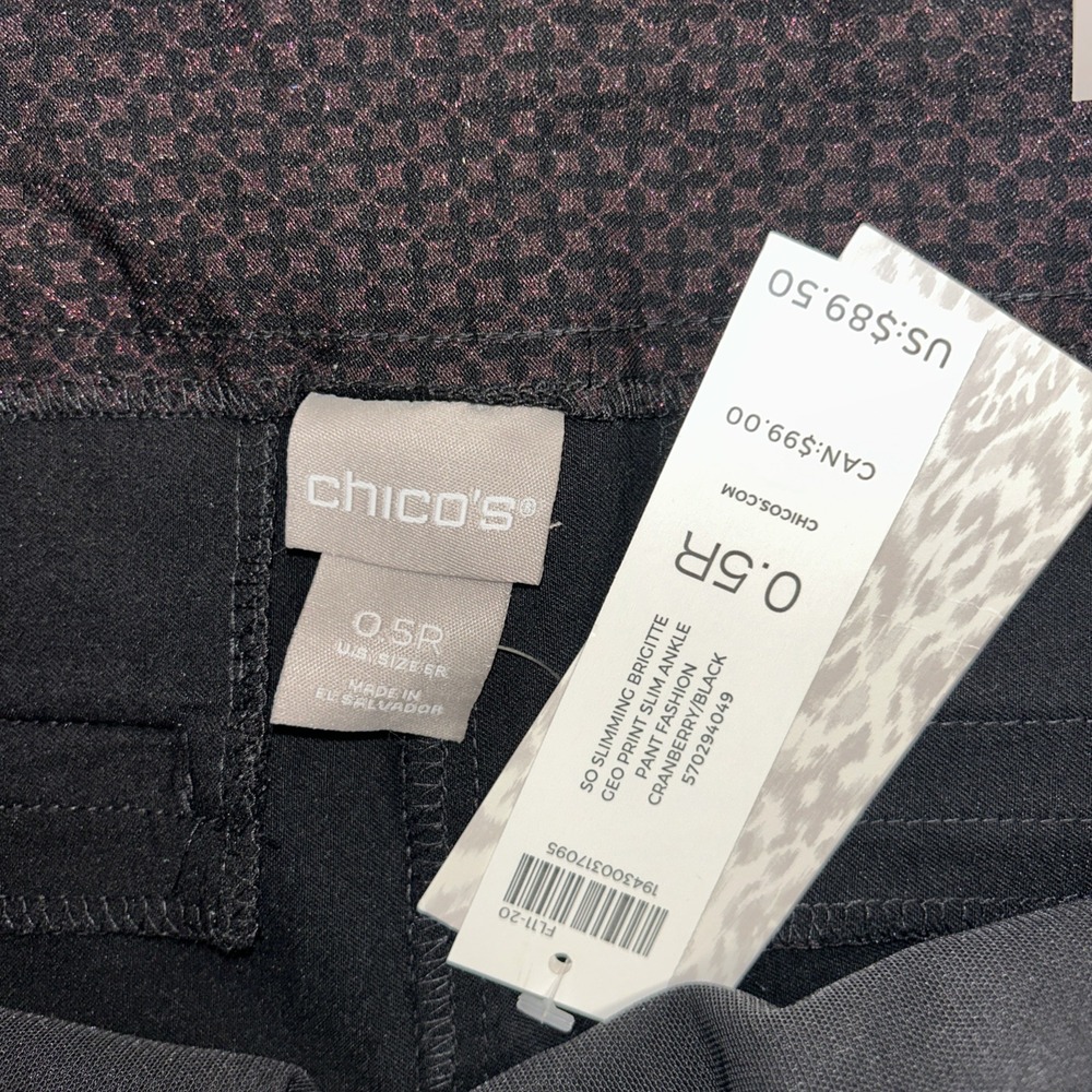 NWT Chicos Pants 0.5R US 6 Black Cranberry So Slimming Brigitte‎ Ankle Pocket - Picture 3 of 9